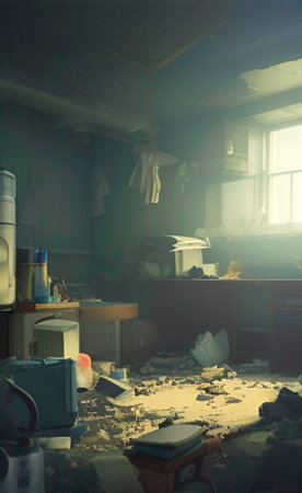 Abandoned industrial interior with broken furniture and equipment in the sunlightの素材