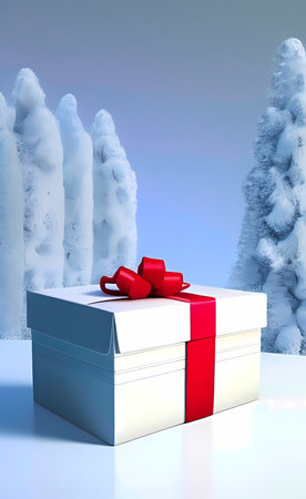 christmas gift box with red bow in snowy forest 3d renderの素材