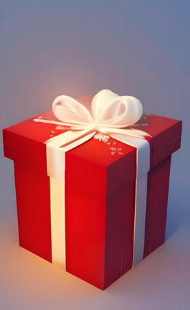 Red gift box with white bow on blue background. 3D renderingの素材