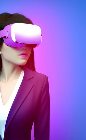 3d rendering of a woman wearing vr glasses with purple backgroundの素材