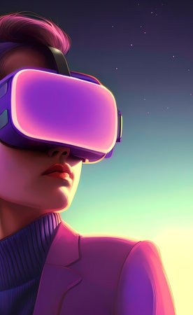 3D illustration of a girl wearing a virtual reality headset. 3D rendering.の素材
