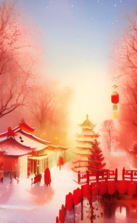Winter landscape with Chinese temples and red lanterns in the snow.の素材