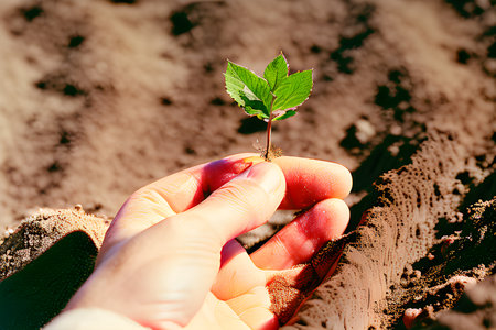 Young sprout in the hands of a farmer. Selective focus. earth day nature.の素材