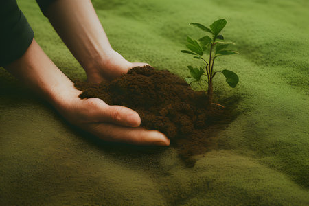 hands holding a young sprout with soil on green background, earth day ecology conceptの素材