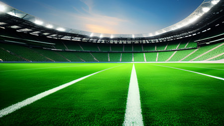 3D render of a large football stadium with green grass and lightsの素材