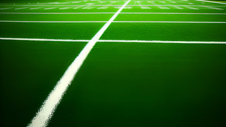 Green football field with white marking lines. Abstract soccer stadium background.の素材