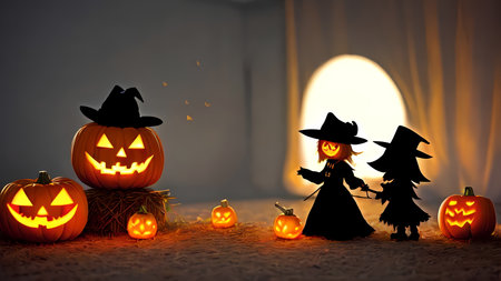 Halloween background with pumpkins, witch and girl. 3d renderingの素材