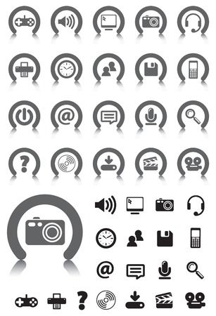 Computer Media icons on gray buttons with NO TRANSPARENCIES, totally editable shapes.  Pictures in both gray and black, perfect for navigating a website or mobile platform.のイラスト素材