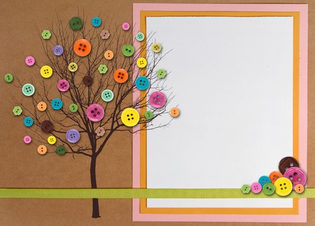 Spring time tree with button leaves, paper composite with copy space on right sideの写真素材