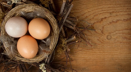 Brown eggs in a nest with a wood background, room for copy spaceの写真素材