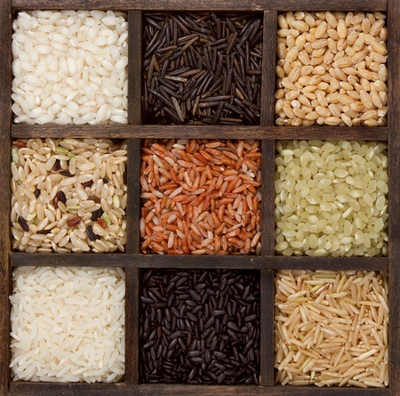 Rice nine varieties in printers box, jasmine, wild, white, pearl, forbidden, madagascar, jade, arborio,basmati, and barleyの写真素材
