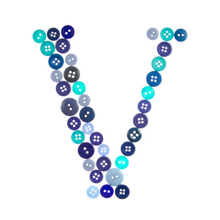 The letter V made of photographed buttons, isolated on a white backgroundの写真素材