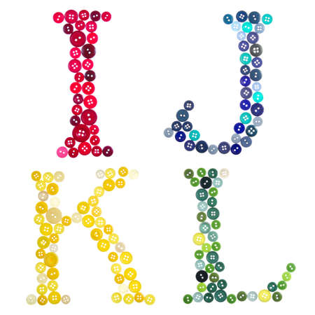 The letters, I, J, K and L made of buttons isolated on a white backgroundの写真素材