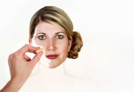 A woman being painted onto a canvas white canvas for backgroundの写真素材
