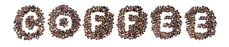 Coffee beans used to spell the word coffee. Isolated on a white backgroundの写真素材