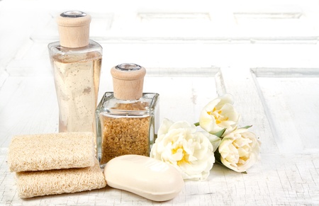 Exfoliation spa still life on a white aged backgroundの写真素材