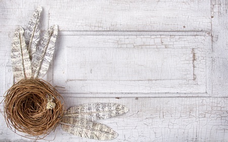 Paper feathers made of sheet music and nest on a vintage or antique door panelの写真素材