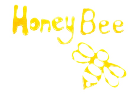 Word honey bee and picture of a bee made of honey, isolated on whiteの写真素材