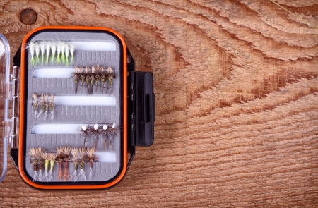 Collections of  flies in a tackle box for fly fishingの写真素材