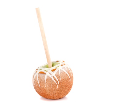 Caramel and chocolate covered apple on a stick on whiteの写真素材