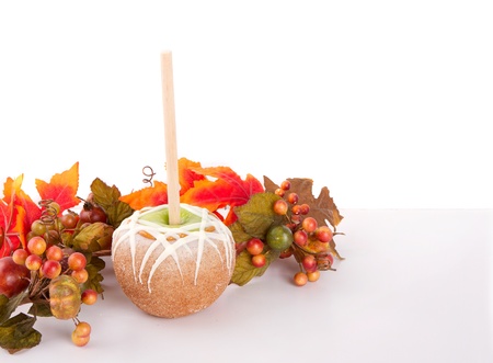 Caramel and chocolate covered apple on a stick on white background with autumn leavesの写真素材