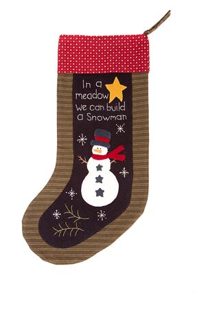 Handmade Christmas snowman stocking isolated on whiteの写真素材