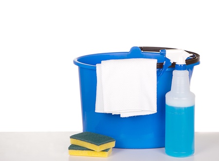 Cleaning supplies, sponge, sprayer, bucket and towel on white backgroundの写真素材