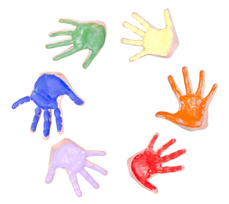 Painted hands in a circle, rainbow colors isolated on whiteの写真素材