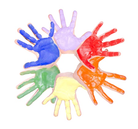 Painted hands in a circle, rainbow colors isolated on whiteの写真素材