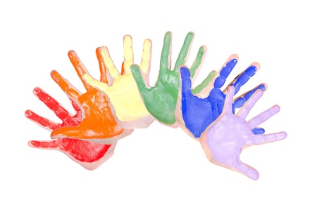 Painted hands in rainbow colors forming a fan, isolated on white backgroundの写真素材