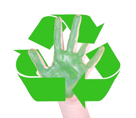 Green hands with the recycle symbol, with and isolated white backgroundの写真素材