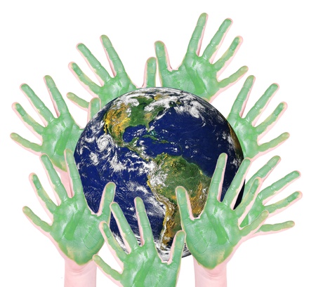 green hands around a globe, isolated on white: parts of this image furnished by NASAの写真素材