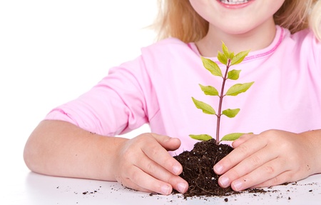Young girl or child with a plant,  isolated on white の写真素材