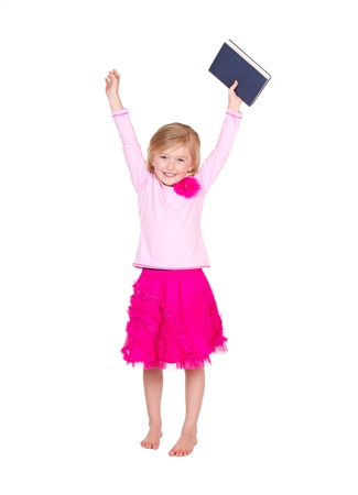 Child or girl holding book above head isolated on white backgroundの写真素材