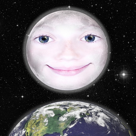 Girls face in the shape of a full moon, photograph with star background and above the earth: parts of this image furnished by NASAの写真素材