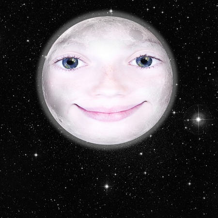 Girls face in the shape of a full moon, photograph with star background: parts of this image furnished by NASAの写真素材
