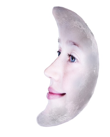 Girls face in the shape of a cresent moon, photograph isolated on white background: parts of this image furnished by NASAの写真素材