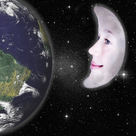 Girls face in the shape of a cresent moon, photograph with star background and above the earth: parts of this image furnished by NASAの写真素材