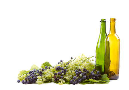 grapes on vine with leaves and empty wine bottles on white backgroundの写真素材