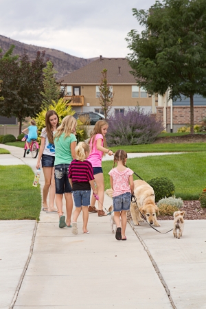 Group of children or teens waking dogs in a neighborhoodの写真素材