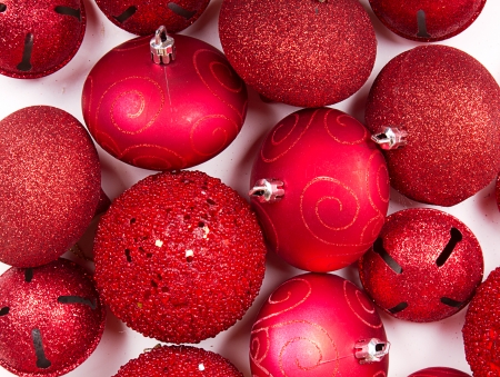 Group of red Christmas ornaments for backgroundの写真素材