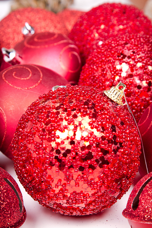 Group of red Christmas ornaments close upの写真素材