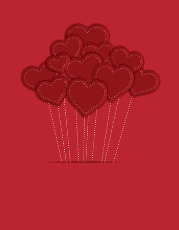 Red heart balloons with stitched strings on red backgroundのイラスト素材
