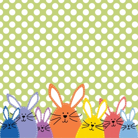 Group of Easter bunnies, in spring colors on polka dot backgroundのイラスト素材