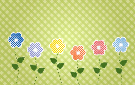 polka dot flowers with stiched leaves on a plaid backgroundのイラスト素材