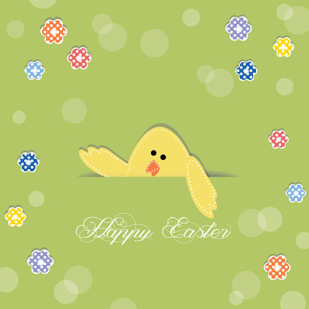 Easter chick sticking its head out of a cut in paper, decorated with flowersのイラスト素材