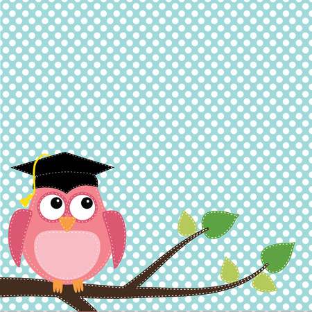 Owl with graduation cap sitting on branch, for scrapbooking, vector format on transparent background.のイラスト素材