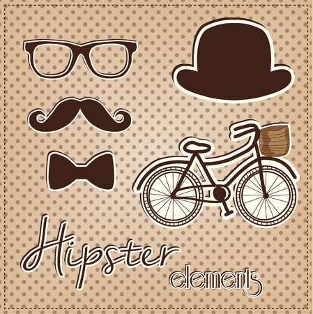 Hipster element collection, vintage or retro eye glasses, mustache, bow tie, hat and bicycle on a polka dot background, for scrapbooking, vector format.のイラスト素材