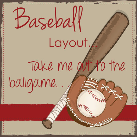 Vintage baseball, glove or mitt and wooden bat layout for scrapbooking, cards or backgrounds, vector formatのイラスト素材