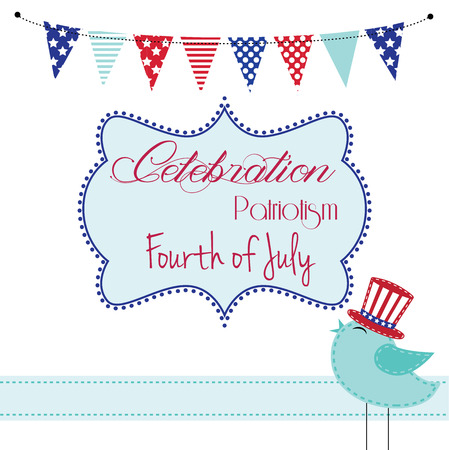 Patriotic bird wearing uncle sam hat with frame and banner flags, for scrapbooking or cards, vector formatのイラスト素材